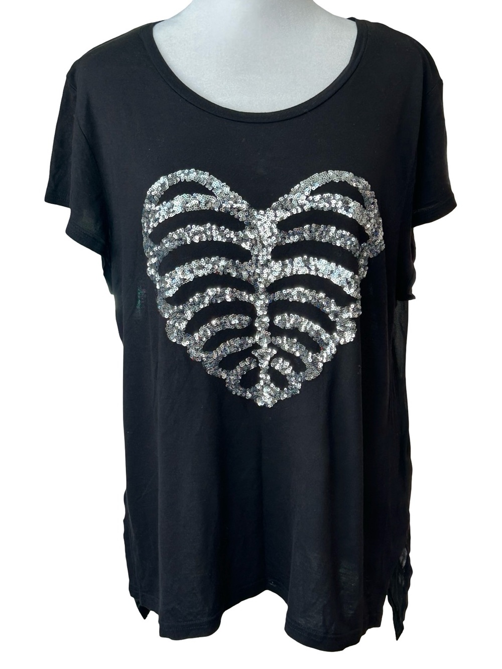 Divided sequin bling heart ribcage sheer back Whimsigoth goth glam flowy top SM